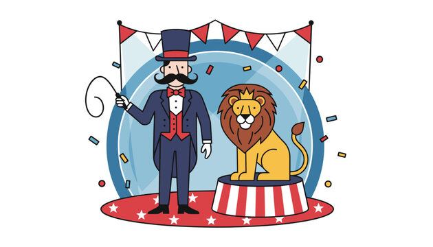 Circus ringmaster holding a whip next to a trained lion sitting on a striped pedestal surrounded by flying colorful confetti.