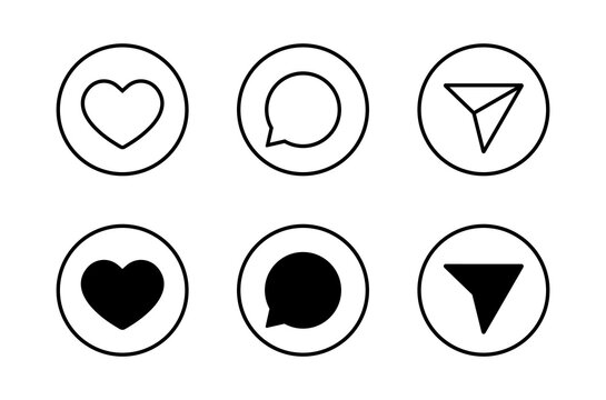 Like, comment, and share icon. Social media engagement symbol in circular outline