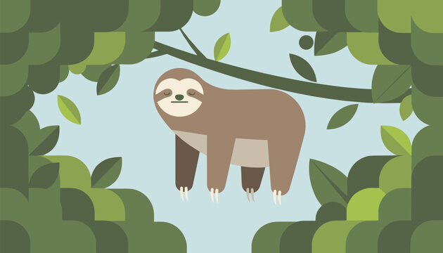 Cute brown sloth resting peacefully on a green tree branch surrounded by lush rainforest foliage in flat cartoon style.