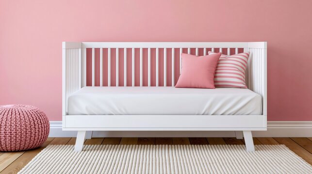 Minimalist pink child room with daybed and pouf
