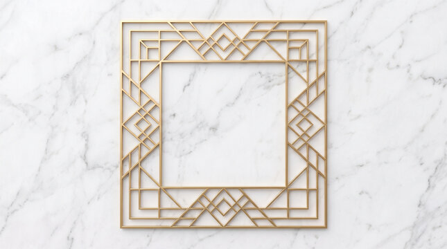Golden Art Deco Geometric Frame on White Marble Background