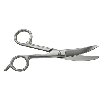 A pair of surgical scissors with curved blades and finger loops, isolated on a white background.