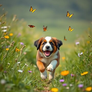 A happy Saint Bernard puppy runs in a green meadow, chasing butterflies, stbernard, sunshine