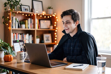 Obraz premium Young Professional Man in Halloween Costume Working from Home on Video Call