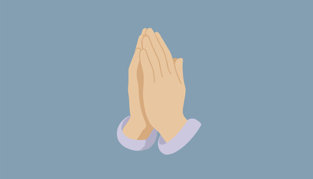 Human hands folded together in prayer or pleading gesture with lavender shirt cuffs against simple blue background.