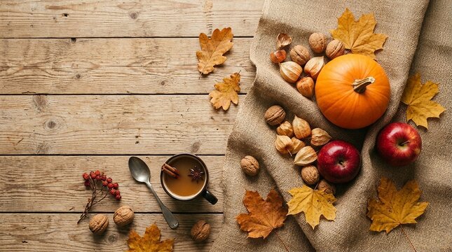 Autumn harvest ingredients with pumpkin apples nuts and spiced cider on rustic wood during golden hour