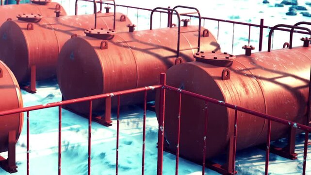 Steel fuel storage tanks are arranged in rows at a construction site located near the coast. The tanks are surrounded by metal fencing.