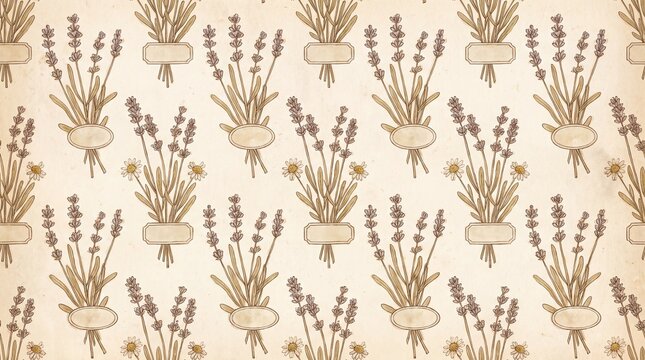 Vintage pattern of lavender bouquets with blank labels on aged paper background texture