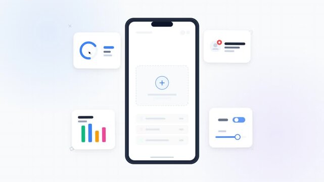 Mobile App UI UX Design Dashboard Analytics with Floating Widgets and Charts.