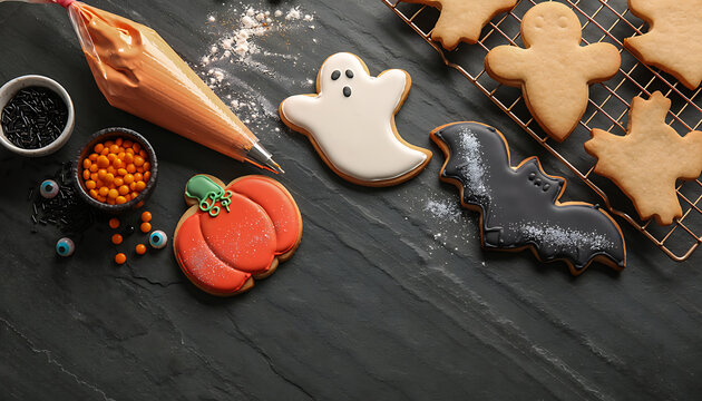 Overhead View of Halloween Sugar Cookies and Baking Decoration on Dark Slate