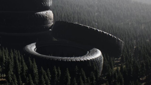 A group of large tires is stacked above the trees in a forest. The scene shows a mix of natural greenery and industrial objects. Sunlight filters through the branches.