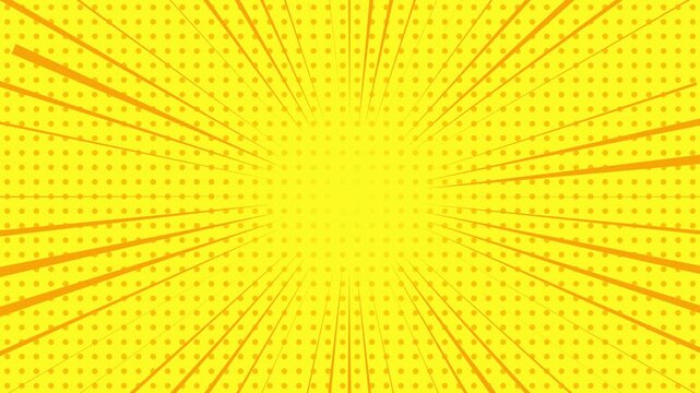 Yellow comic book background with radial speed lines and halftone dot pattern effect.
