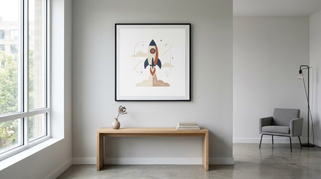 A minimalist office space with a wooden desk, a chair, and a framed artwork of a rocket on a white wall.