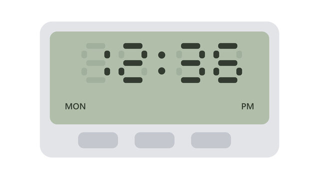 Grey LCD digital clock with dark segments on green display and buttons