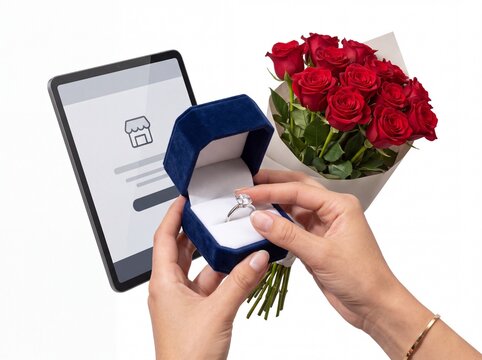 Hands opening a velvet ring box with a diamond ring next to a digital tablet and red roses