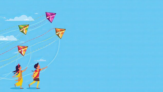 Children flying kites on a clear blue sky day, engaging in outdoor activity