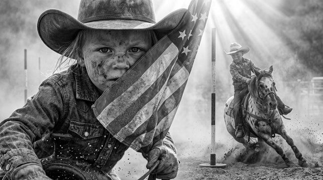 Young Cowgirl Carrying an American Flag During a Pony Competition