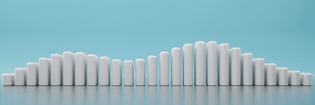White 3d rectangular bars arranged in a gentle wave pattern on a light blue background, representing data growth and statistical analysis