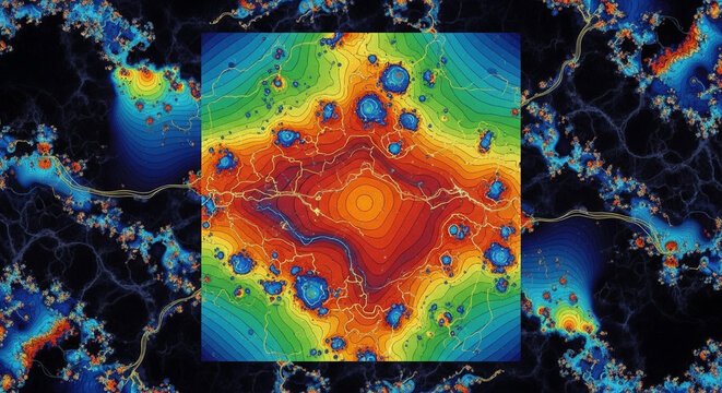 Vibrant fractal energy patterns emerge within a rectangular frame that radiates intense multicolored heat maps across a dark cosmic abyss to symbolize deep complexity and advanced scientific