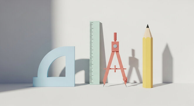 A protractor, a ruler, a drafting compass and a sharpened wooden pencil stand upright together on a flat surface to represent the professional creative tools used for precise architectural