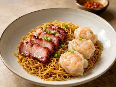 Cantonese Wonton Egg Noodles with Roasted BBQ Pork Char Siu. Traditional Hong Kong and Southern Chinese cuisine, street food culture, comfort food, and Asian culinary heritage