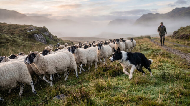 Sheep dog herding flock of sheep in rural landscape with shepherd in misty mountains