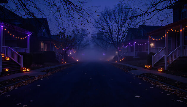 Halloween Night Street with Glowing Jack-o-Lanterns and Bare Trees at Dusk