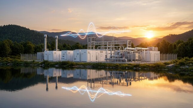 Innovative battery technology and modern infrastructure for energy storage in a serene lakeside environment.