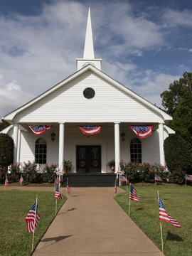 Small White church With Flags in Rural Texas