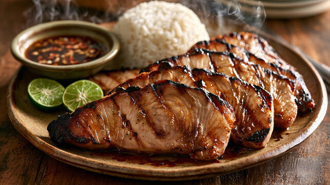  Glazed grilled tuna steaks served with steamed rice, citrus halves and savory dipping sauce.