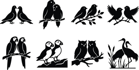 Fototapeta premium Bird Couple Silhouette Vector Collection with Parrot Owl and Crane Symbols for Nature Graphic Design Projects