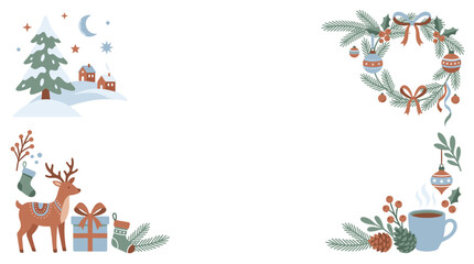 Fototapeta premium Christmas and New Year background frame with reindeer gift pine wreath copy space illustration 