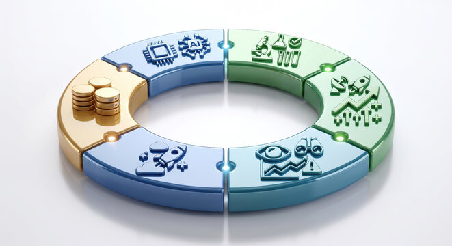 Circular lifecycle: data quality, feature engineering, model training, validation, deployment, monitoring, retraining cadence.