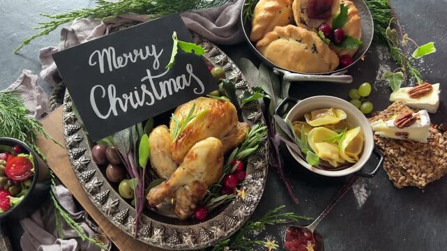 Christmas dinner on dark background.	