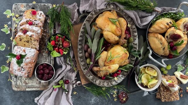 Christmas dinner on dark background.	