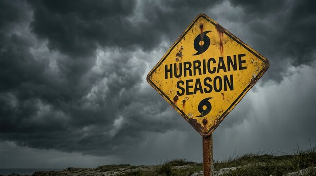 A rusted hurricane season warning sign under approaching severe weather and storm clouds.