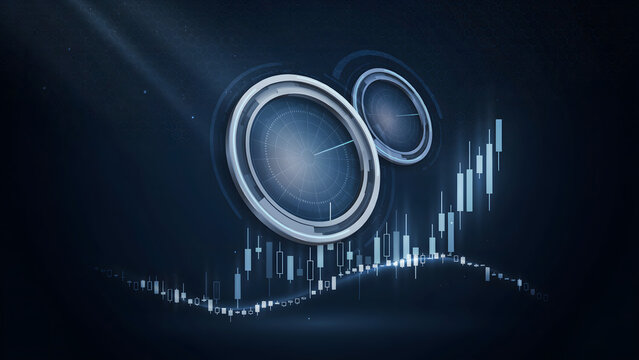 Financial stock market candlestick chart with a glowing circular radar interface and technical indicators on a dark blue background, for trading