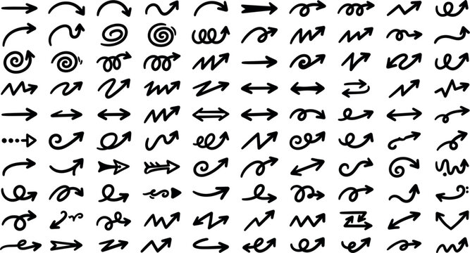 Big collection of black hand drawn arrow icons vector set featuring sketch pointers, squiggly lines, curls, curves, and direction indicators isolated on white background.