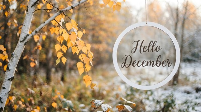 A round wooden sign hanging in a birch forest with yellow autumn leaves and light snow, displaying the text hello december