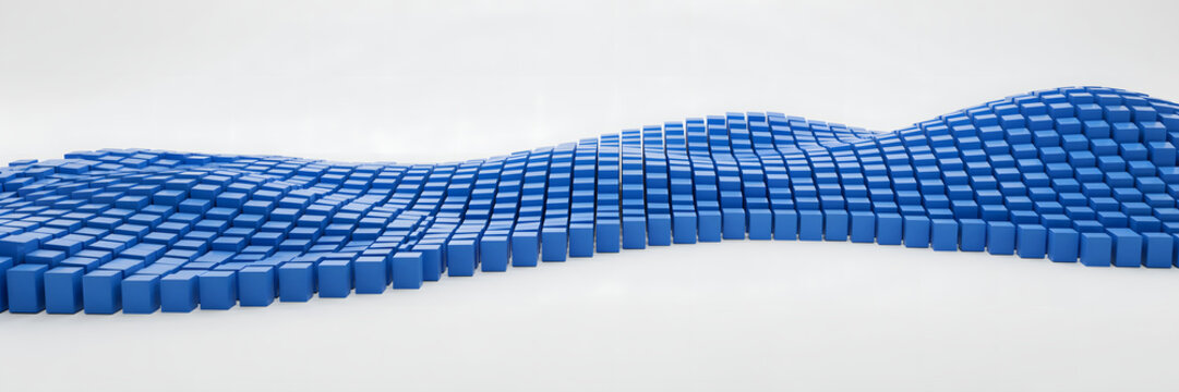 A large grid of blue square blocks arranged in a flowing wave surface pattern on a plain white background, representing digital data terrain