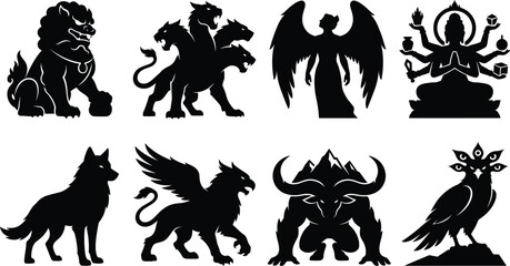 Fototapeta premium Mythological Creature Silhouette Icon Collection with Fantasy Monsters and Ancient Deity Symbols for Graphic Design Projects