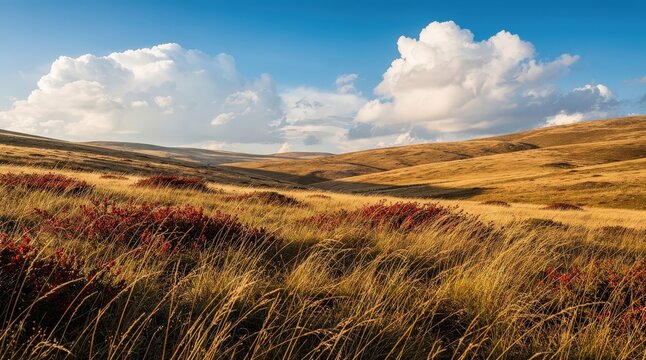 Expansive Golden Grassland Stretching Across Rolling Hills Under Vast Blue Sky, Fluffy White Clouds Casting Soft Shadows, Vibrant Red Shrubs Adding Contrast, Capturing Serene Natural Beauty