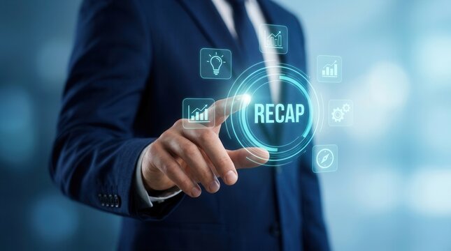 A professional man interacting with a digital recap interface featuring icons for analysis and idea.
