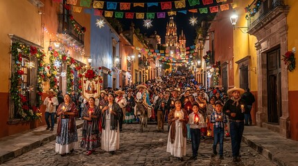 Obraz premium Traditional Mexican Posada Celebration in San Miguel de Allende at Night.