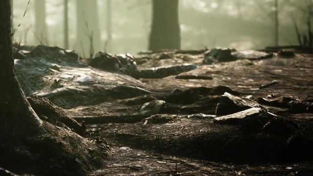 The scene shows the forest ground covered with small rocks and dry leaves. Sunlight filters through the trees creating a soft light on the surface. Shadows blend with natural elements.