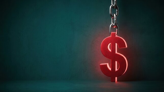 Metallic chain suspending a luminous red dollar sign symbol on a teal backdrop.