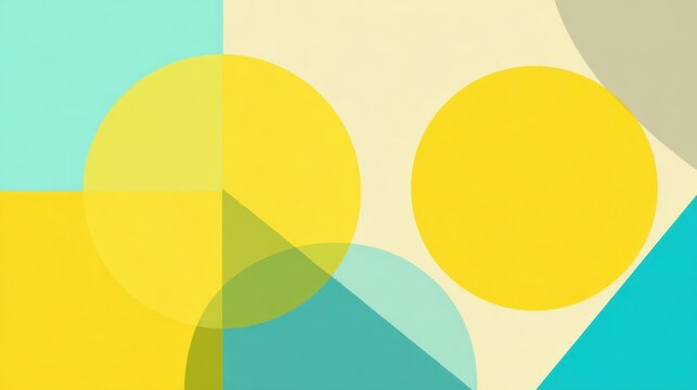 Abstract geometric background with circles and shapes in teal and yellow.
