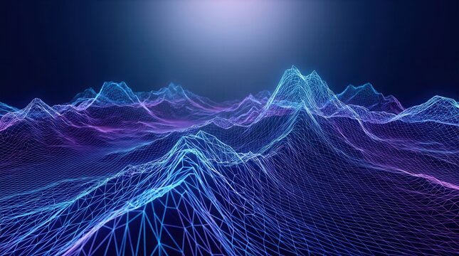 Digital landscape with blue and purple neon topographic mountains representing data visualization.