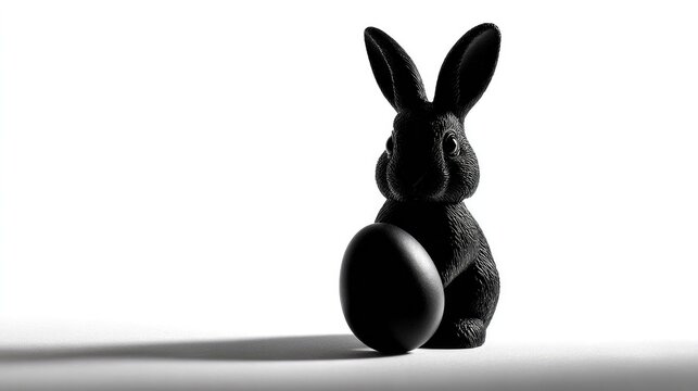 Black Bunny and Egg: A solitary black Easter bunny sits beside a matching black egg, casting a dramatic shadow on a stark white background. A minimalist representation of the Easter holiday.