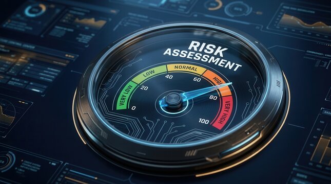 A digital risk assessment gauge showing critical levels for strategic decision-making.